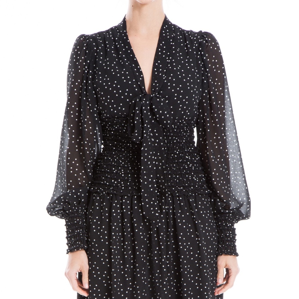 NEW MAX STUDIO Black CHIFFON Smocked Waist POLKA DOT Neck Tie MIDI DRESS XS - Picture 9 of 11
